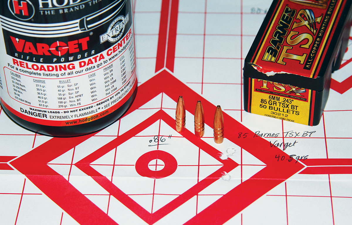 Barnes’ 85-grain lead-free TSX BT seated over 40.5 grains of Hodgdon Varget resulted in a sub-MOA group at a speedy 3,328 fps, which would make it an excellent mountain mule deer or prairie whitetail load.